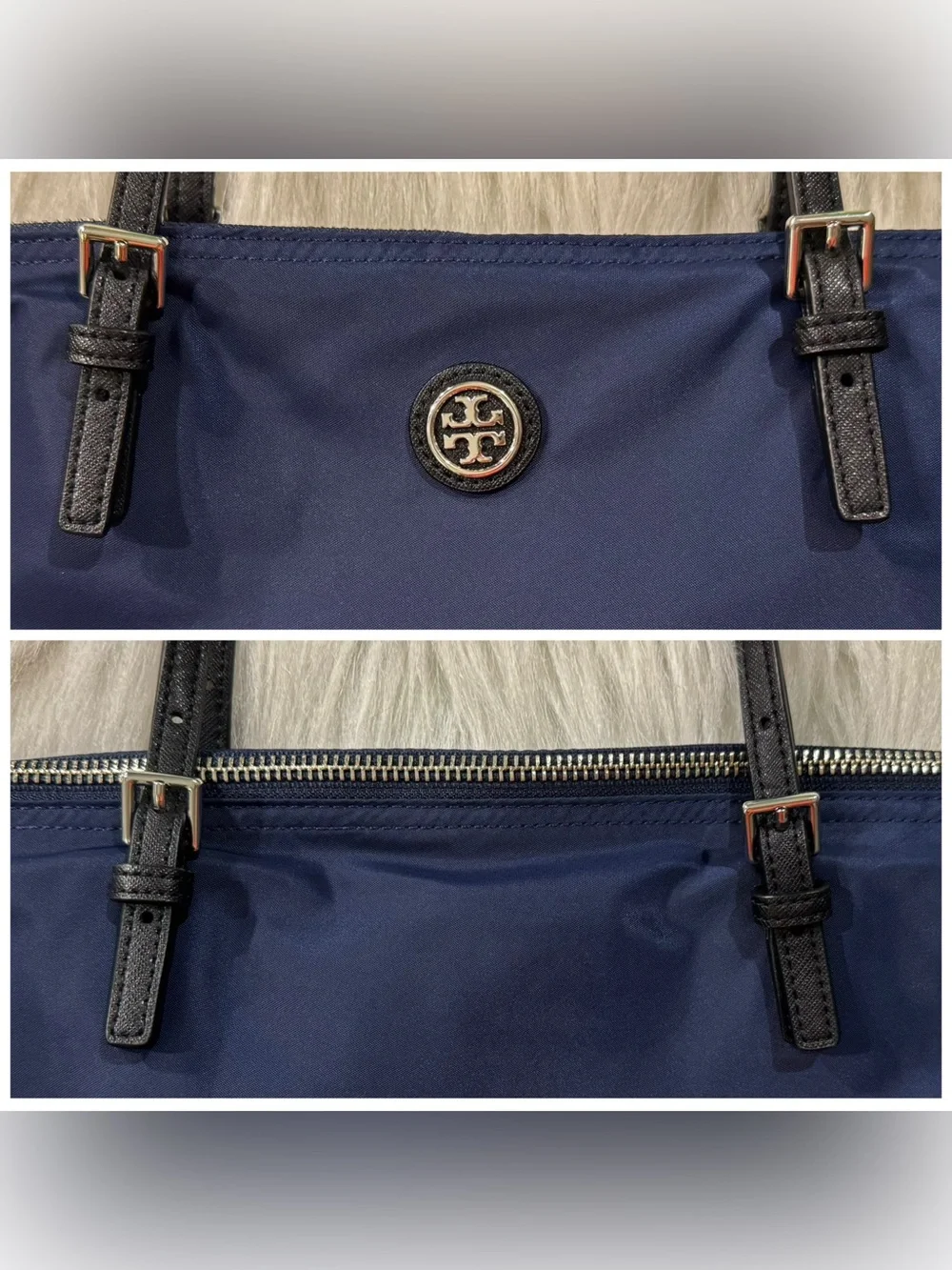 Tory Burch Navy Virginia Nylon Tote Zip Top Removable Canvas Strap EUC